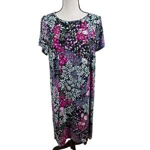 J. Jill Wearever Dress Womens Med Purple Black Floral Leaf Print Shift Knit
